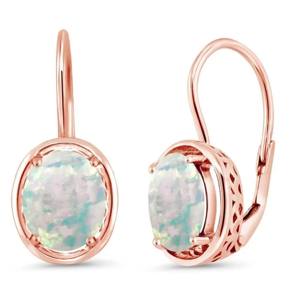 18K Rose Gold 925 with 1.20 Cttw White Opal Oval Leverback Drop Earrings